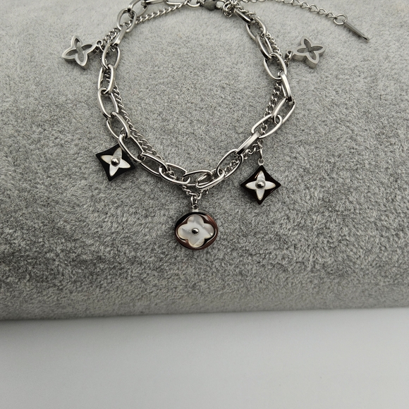 Pearl White Star Clover Charm Dual Chain Silver Toned Stainless Steel Bracelet - Picture 1 of 10